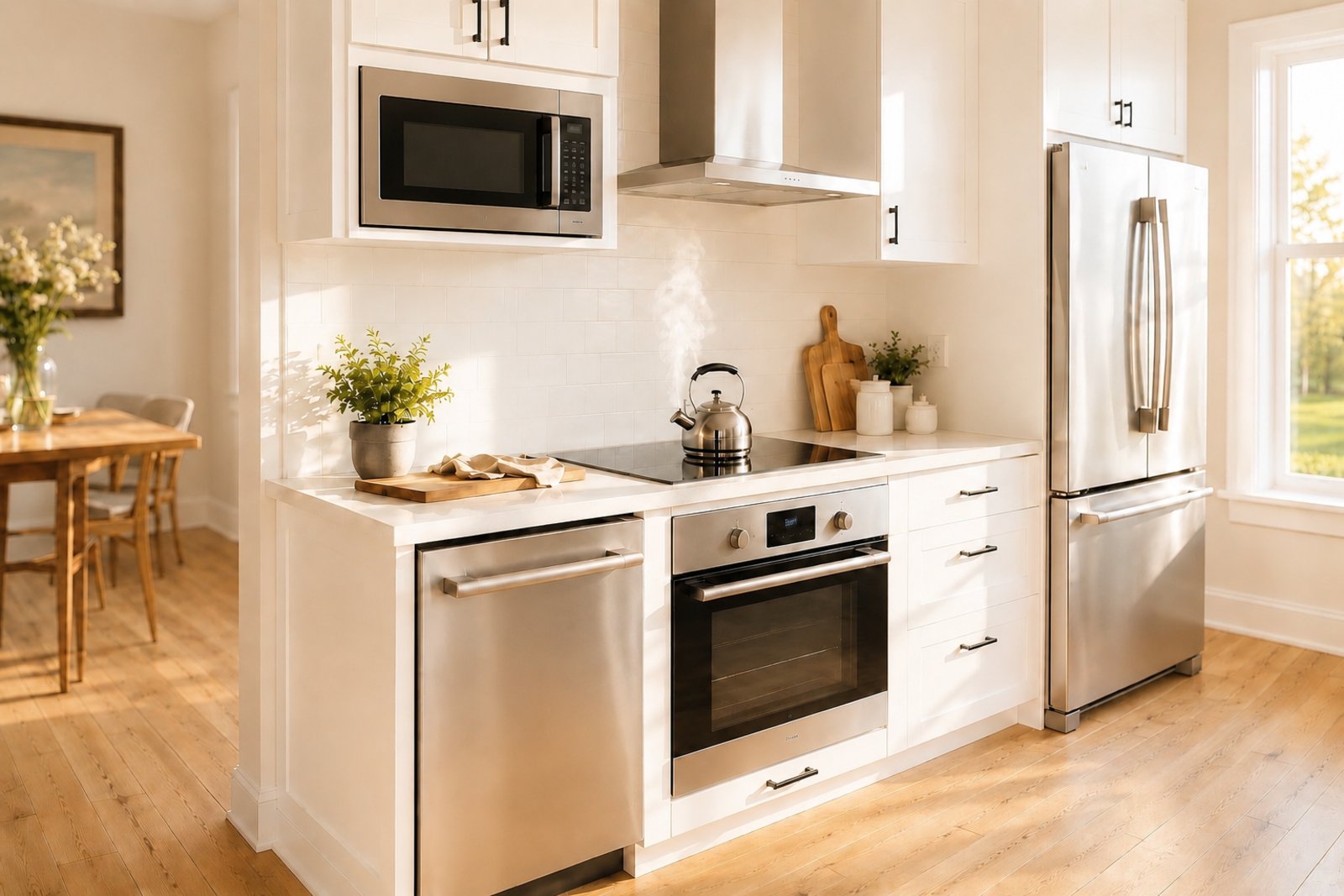 Bright modern Toronto kitchen with a stainless steel French-door refrigerator, built-in dishwasher, wall oven, induction cooktop, microwave, and range hood — the appliances TrueFix repairs across the GTA