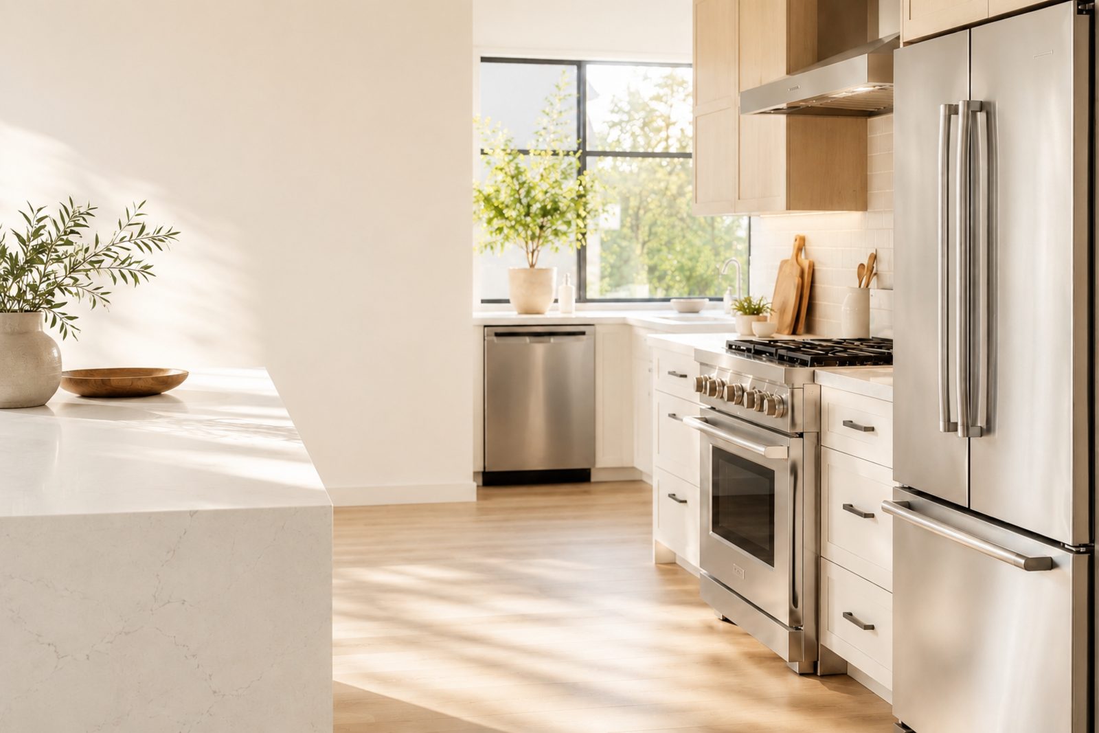 Modern Toronto kitchen with stainless steel French-door refrigerator, gas range and built-in dishwasher serviced by TrueFix Appliance Repair