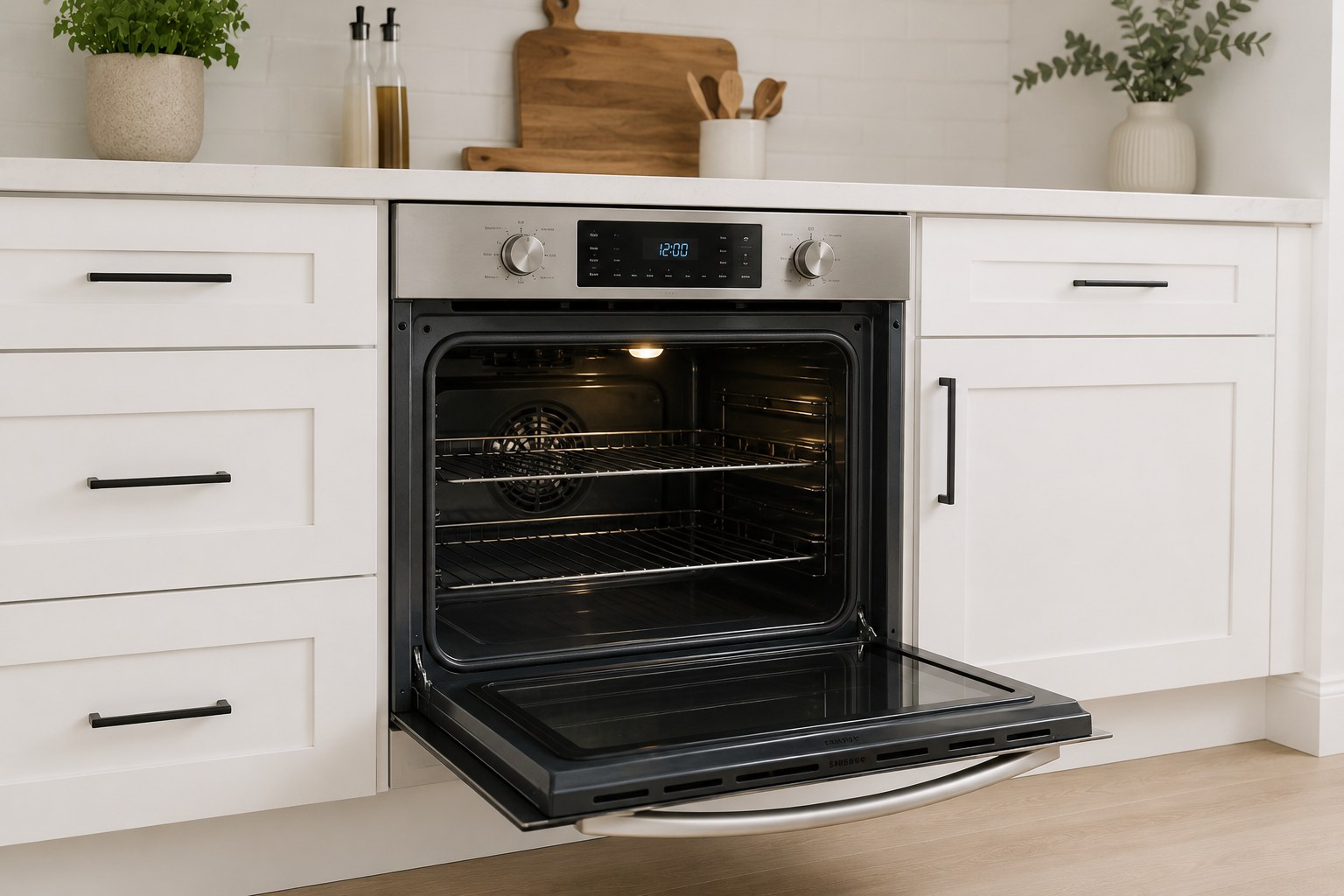 Built-in electric wall oven with door open in a Toronto kitchen — TrueFix electric oven repair guide