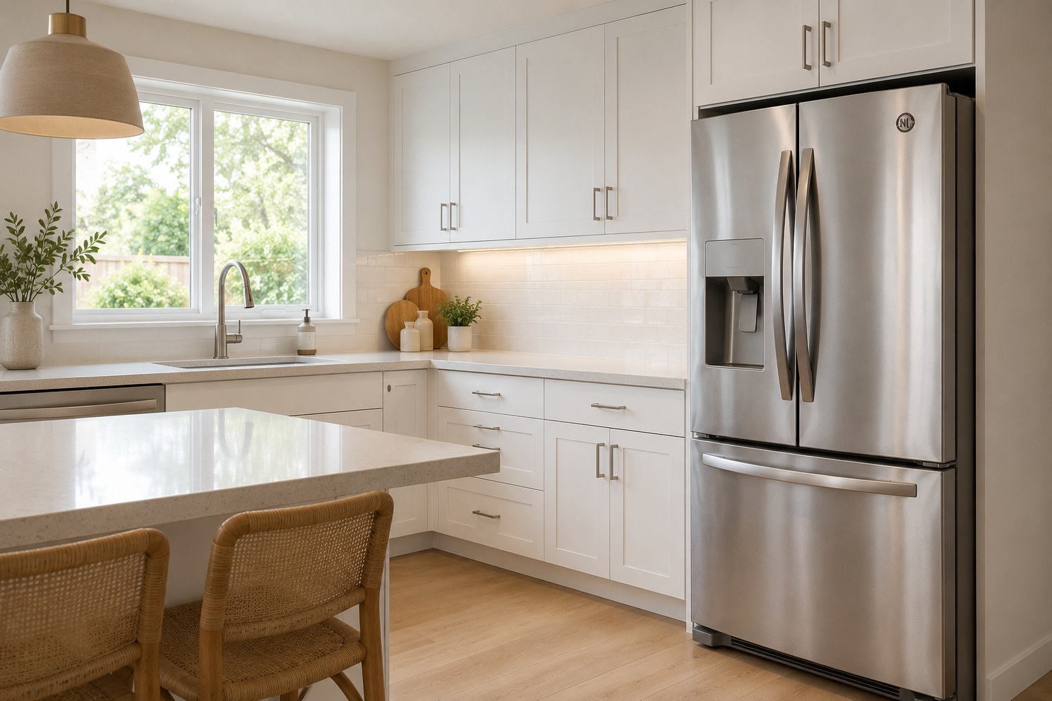 Modern Toronto kitchen with a stainless-steel French-door refrigerator and water dispenser — TrueFix fridge repair