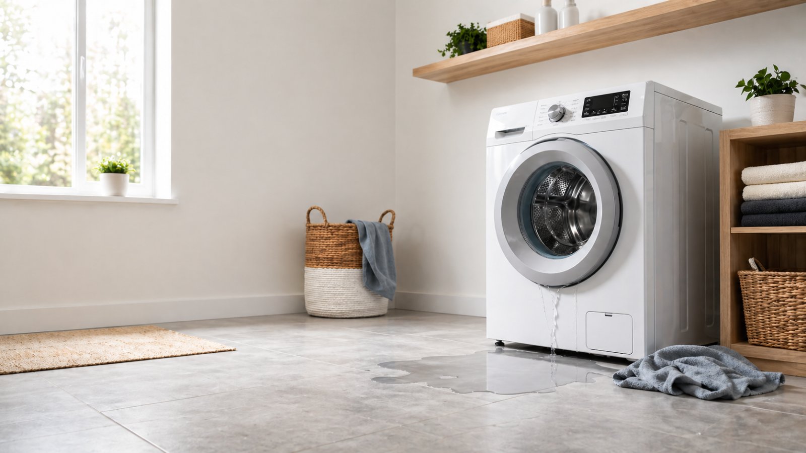 Front-load washing machine leaking water onto a Toronto laundry room floor